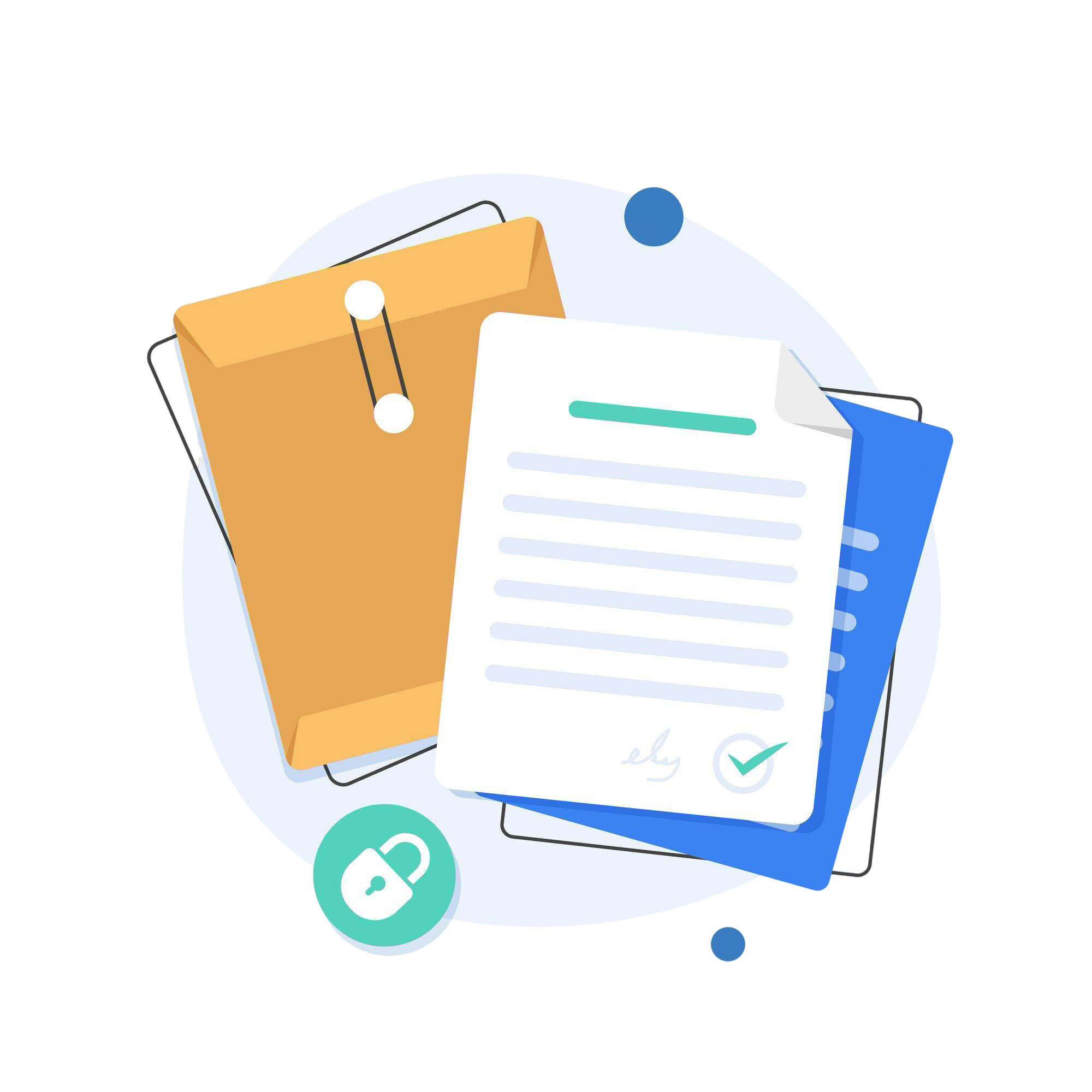 Illustration of organized documents, folders, and a secure lock icon, representing document management, file security, and digital paperwork, with a focus on car loan applications and financial security.